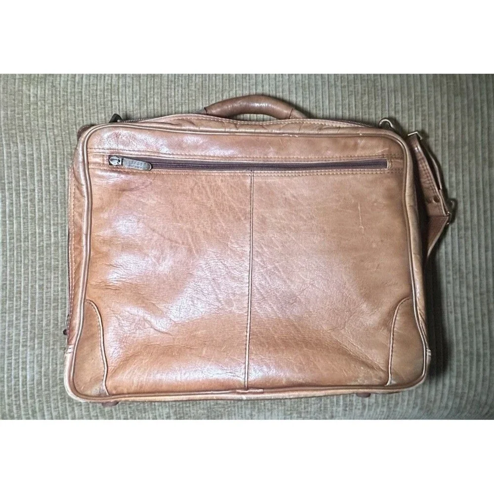 Full Grain Leather Briefcase Laptop Bag Tan Cognac Double Zip